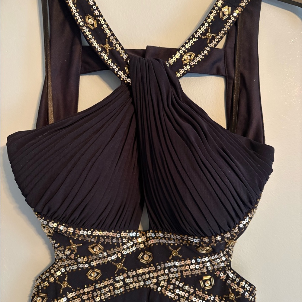 Betsy & Adam Navy Formal Maxi Dress with Gold Accents - Picture 3 of 9